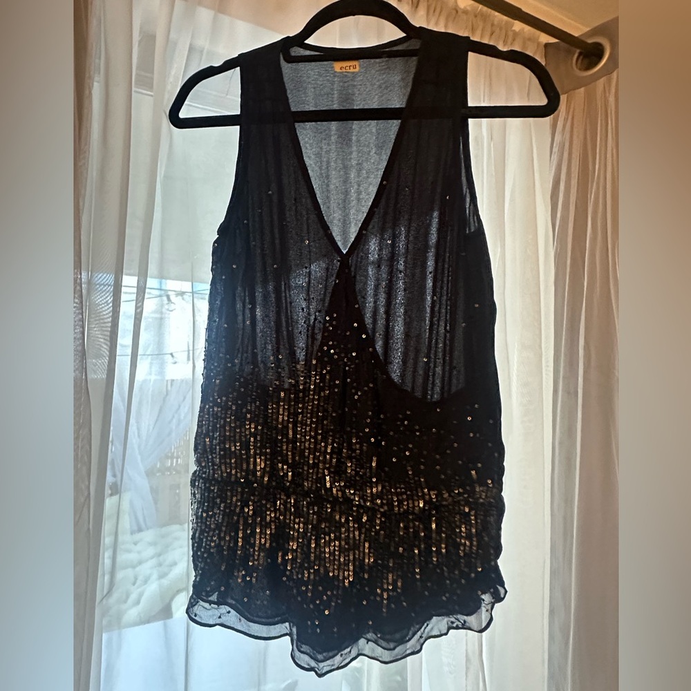 Ecru | Navy Blue Sequined Deep V Going Out Top - Picture 4 of 9